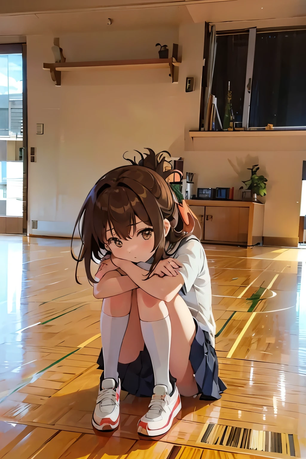 (masterpiece, best quality:1.2),illustration,8k,hd,1girl,solo,upper body,(portrait:1.2),brown_hair,folded_ponytail,brown_eyes,serafuku,long_hair,school_uniform,skirt,pleated_skirt,