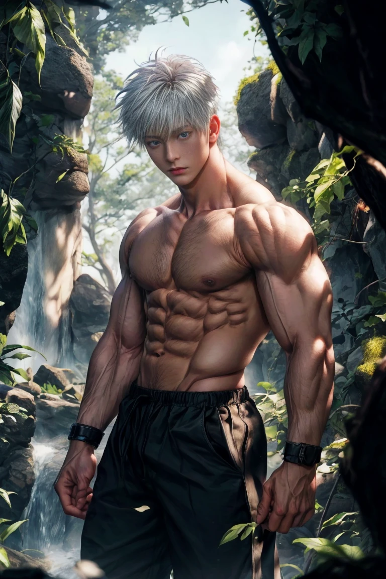 1boy, adult, handsome, perfect face, detailed eyes and face, clean shaved, muscular, capturing a rural atmosphere, dynamic lighting, unreal engine 5, hd picture, satoru gojo, white hair, short hair ,hair between eyes ,blue eyes