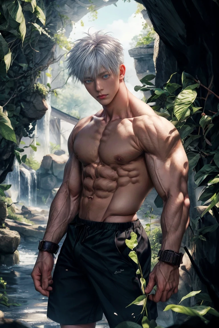 1boy, adult, handsome, perfect face, detailed eyes and face, clean shaved, muscular, capturing a rural atmosphere, dynamic lighting, unreal engine 5, hd picture, satoru gojo, white hair, short hair ,hair between eyes ,blue eyes