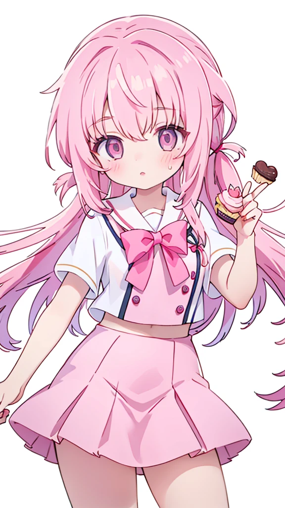 1girl,pink hair, pink eyes with love, detailed eyes, straight hair, straight bangs, shiny hair,
,red bowtie,purple skirt,purple shirt,pleated skirt,short sleeves,looking at viewer, high-definition,masterpiece,best quality, masterpiece, best quality, high resolution, aabeta, double, white simple background, standing, slim waist, cute, sailor uniform, super close up selfie, holding a pink cupcake   (PastelColors: 1.3)
