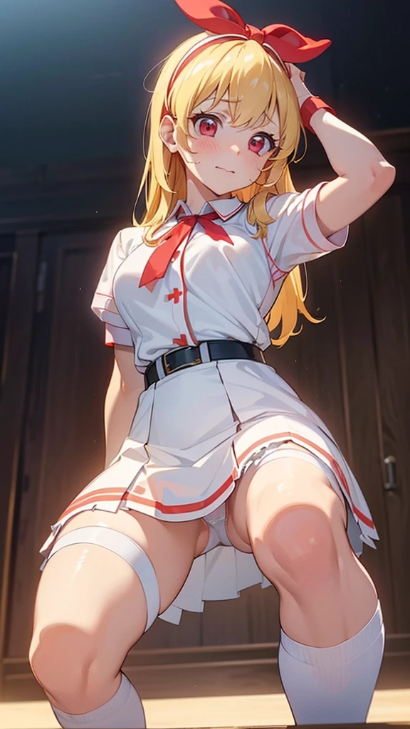 (Red ribbon on hairband:1.2),masterpiece, Highest quality, High resolution, One girl, alone, Blonde, Red eyes, High resolution, Good lighting, , (No nudity), (nurse,white nurse uniform,White shirt:1.3),(Open clothes:1.2),(Exposing breasts:1.2),(Skirt pulled:1.2),(White knee socks:1.1),, (((pointed_between legs,From below))), (((squat))), (garter belt), Abdominal area only, (), , Cute Face,blush with embarrassment, Humiliating, ((See through))()(Thong)(A lot of stuff is attached to the body,)