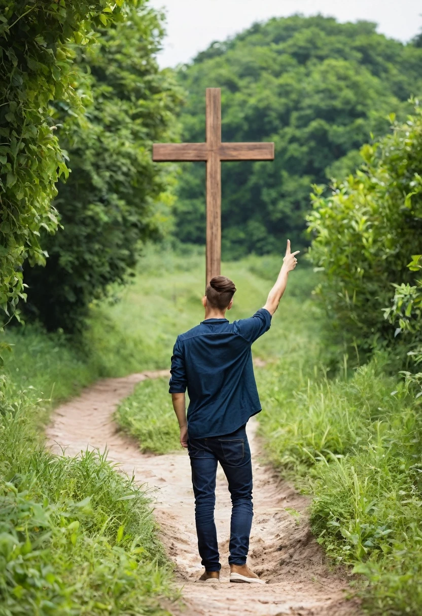 Create a young man in simple clothes, pointing to the very large cross at the end of a dirt path
