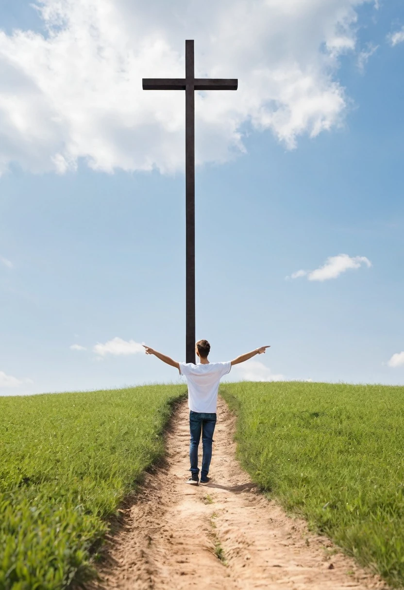 Create a young man in simple clothes, pointing to the very large cross at the end of a dirt path