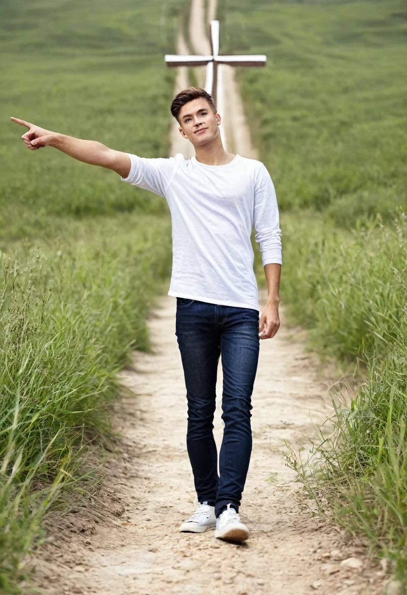 Create a young man in simple clothes, pointing to the very large cross at the end of a dirt path