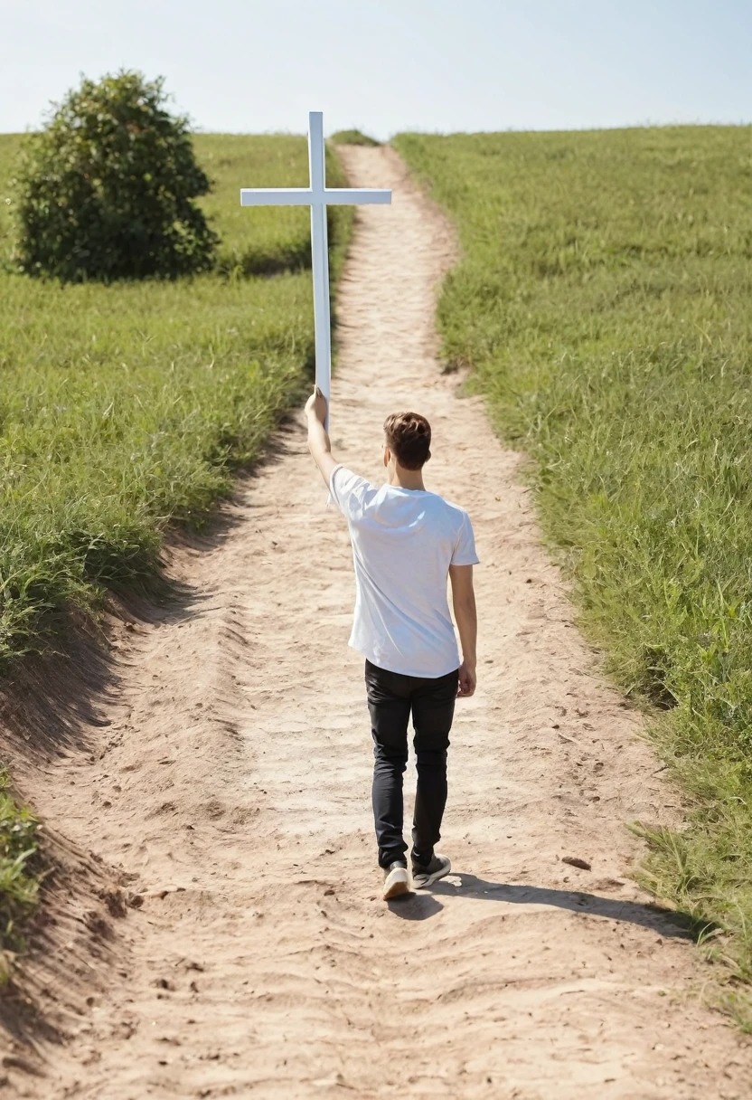 Create a young man in simple clothes, pointing to the very large cross at the end of a dirt path