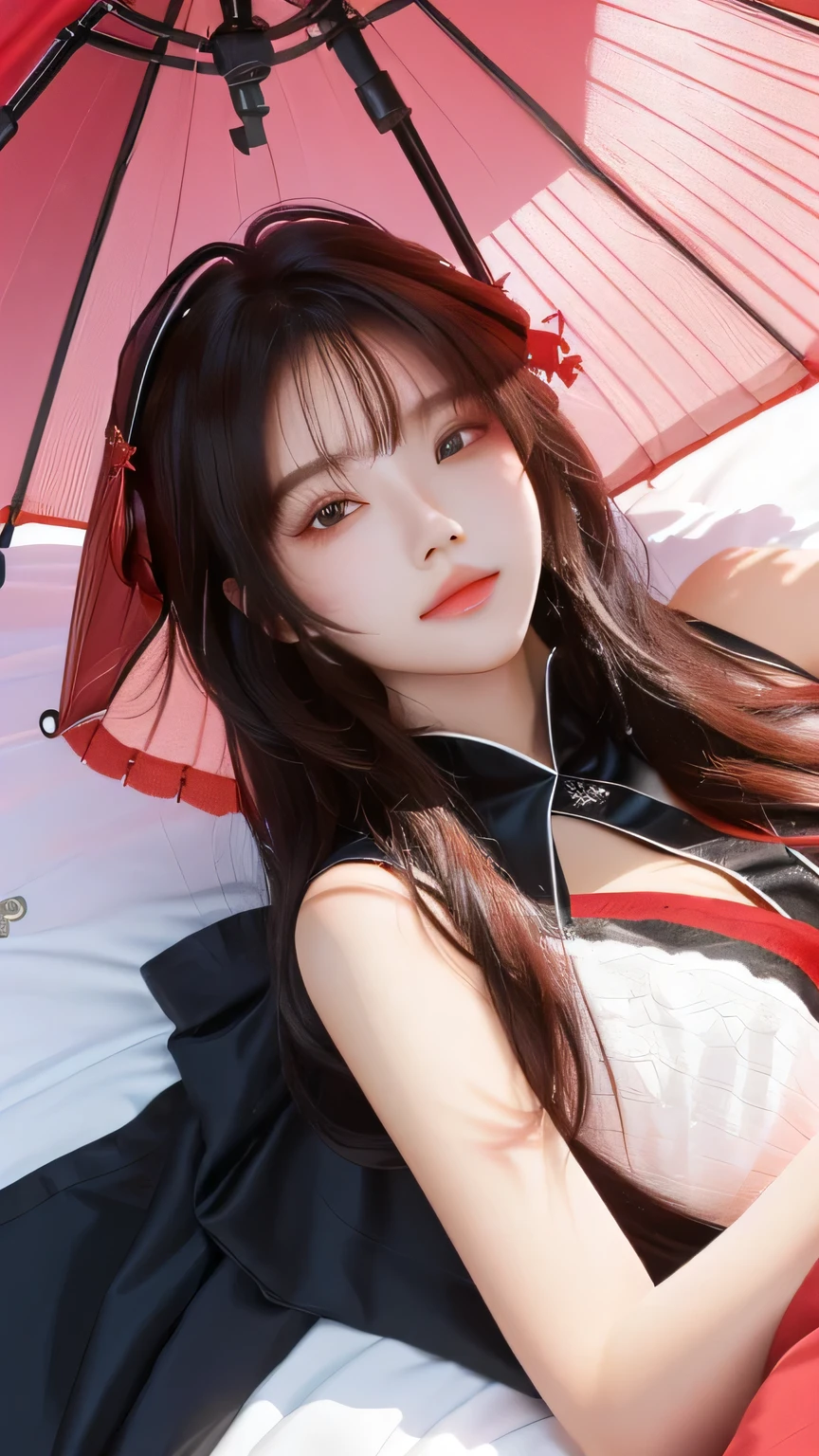 Beatiful girl laying on a bed with a red umbrella, detailed key from arknights