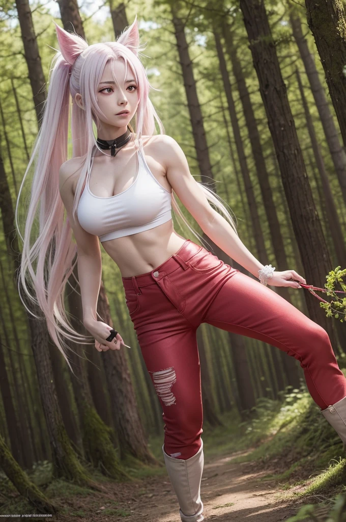 A female character from Nanatsu no taizai anime, from the demon clan, with long white hair and pink eyes, athletic build. She is covered in scars as if she has been patched up. She is attacking a tree with a kick, wearing red pants, with a forest in the background