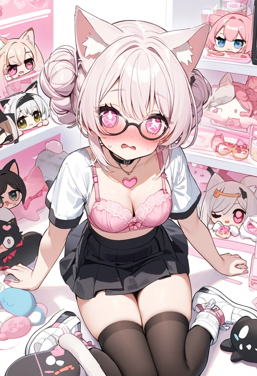 I have white pink hair, cat ears, a bun, my face is super blushing, black glasses, pink heart eyes, a pink bra, a black skirt, black stockings, white shoes, a cat&#39;s tail, a very girl shy lying on a bed that is going to be love that they are grabbing her breasts for money