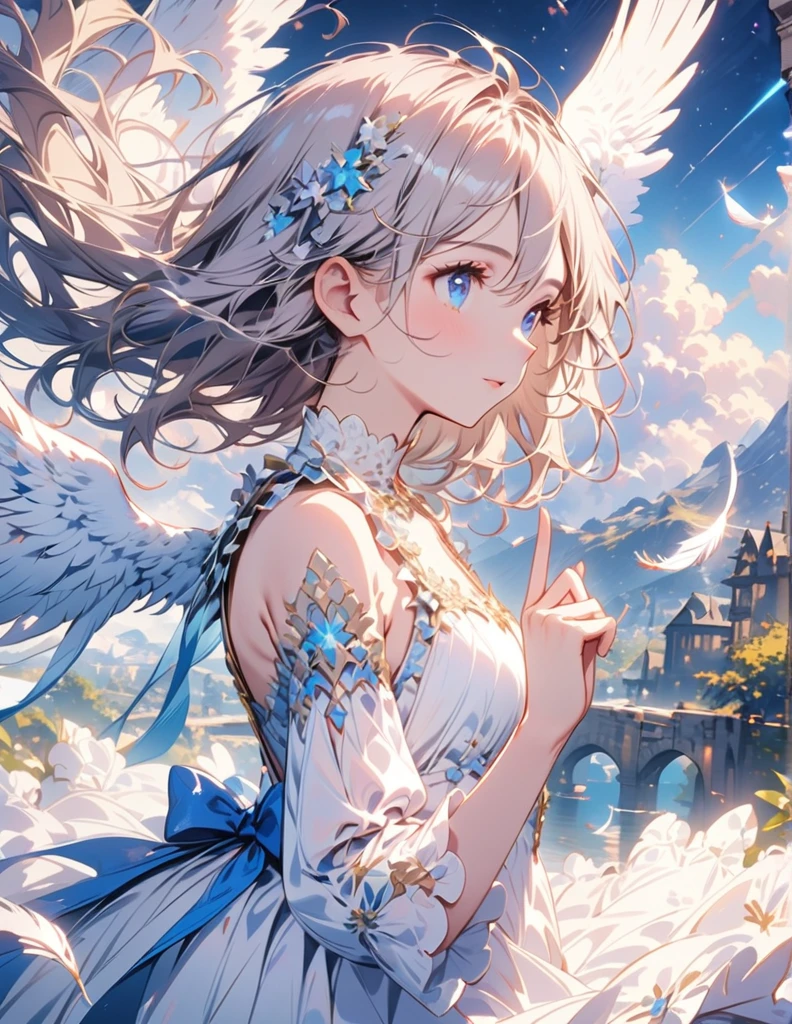 (best quality:1.2),(hands finger 5 digits:1.3),(extremely delicate and beautiful:1.3),(detailed ultra detailed:1.2),(scenery clear details:1.2),(scenery crystal clear :1.2),(solo),(blue eyes),(long white long hair),(white dress),(angel wings),(floating white feathers,starry sky),(clusters of stars,starry sky),(glinting stars),(solo),(long silver long hair),(best quality:1.2),(hands finger 5 digits:1.3),(extremely delicate and beautiful:1.3),(detailed ultra detailed:1.2),(scenery clear details:1.2),