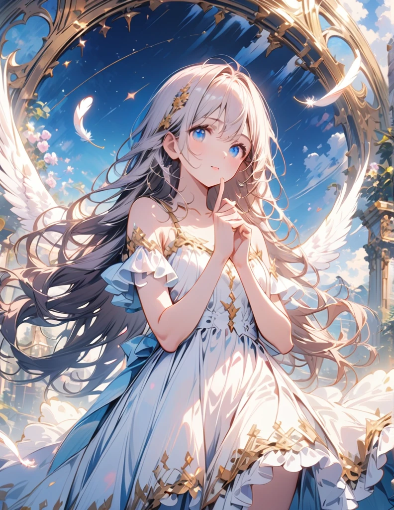 (best quality:1.2),(hands finger 5 digits:1.3),(extremely delicate and beautiful:1.3),(detailed ultra detailed:1.2),(scenery clear details:1.2),(scenery crystal clear :1.2),(solo),(blue eyes),(long white long hair),(white dress),(angel wings),(floating white feathers,starry sky),(clusters of stars,starry sky),(glinting stars),(solo),(long silver long hair),(best quality:1.2),(hands finger 5 digits:1.3),(extremely delicate and beautiful:1.3),(detailed ultra detailed:1.2),(scenery clear details:1.2),