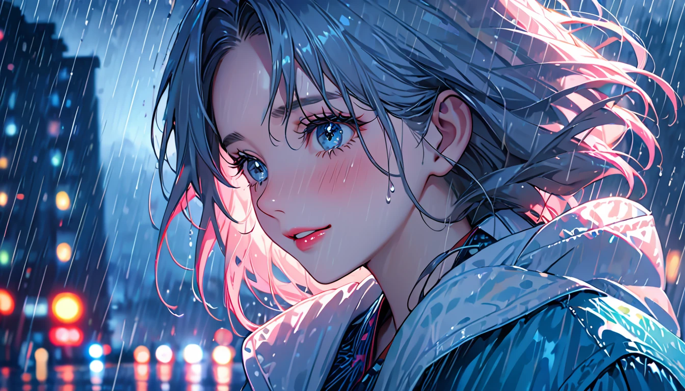 One Girl,City of night,rain,coat,Put your hands in your pockets,Highest quality, High resolution, Very detailed, Realistic:1.37, Close to cool colors,Desaturate, Portraiture, Soft lighting, Long eyelashes, Sparkling eyes, Glossy Lips, Detailed skin, Retro pattern, pastel colour, ((Crying and laughing 1.2)), ((Tears:2.0),, ((Sad look:1.8)),, Dreamy atmosphere, Elegant pose, Nostalgic atmosphere, Sparkling Highlights, Perfect Skin, 80s Fashion, Retro Hairstyles, Pink blush, Delicate features, Diamond-like eyes,((rain squall:2.8)),((intersection))((High rise residential buildings dark city silhouette background:2.0))