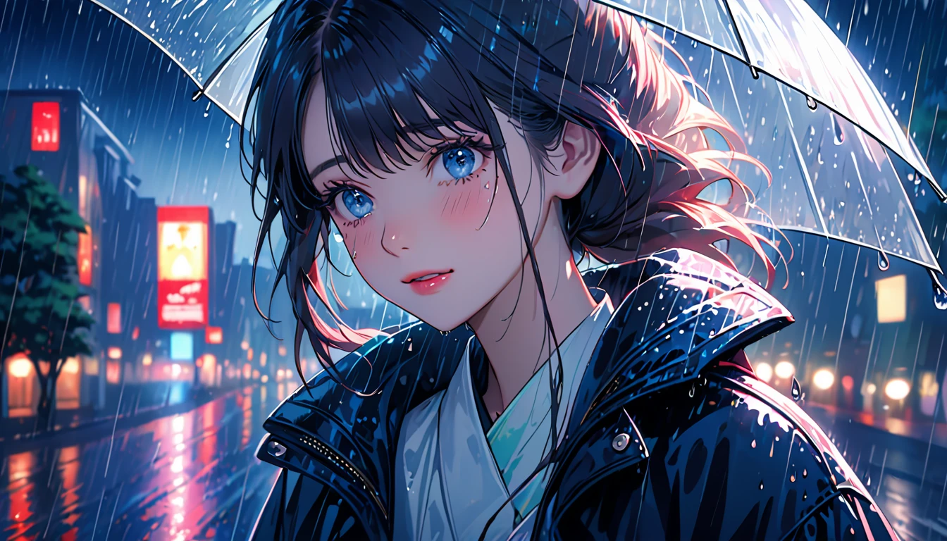 One Girl,City of night,rain,coat,Put your hands in your pockets,Highest quality, High resolution, Very detailed, Realistic:1.37, Close to cool colors,Desaturate, Portraiture, Soft lighting, Long eyelashes, Sparkling eyes, Glossy Lips, Detailed skin, Retro pattern, pastel colour, ((Crying and laughing 1.2)), ((Tears:2.0),, ((Sad look:1.8)),, Dreamy atmosphere, Elegant pose, Nostalgic atmosphere, Sparkling Highlights, Perfect Skin, 80s Fashion, Retro Hairstyles, Pink blush, Delicate features, Diamond-like eyes,((rain squall:2.8)),((intersection))((High rise residential buildings dark city silhouette background:2.0))