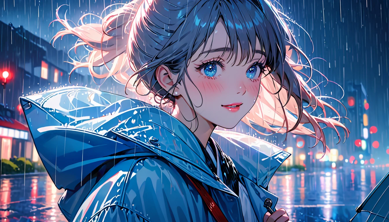 One Girl,City of night,rain,coat,Put your hands in your pockets,Highest quality, High resolution, Very detailed, Realistic:1.37, Close to cool colors,Desaturate, Portraiture, Soft lighting, Long eyelashes, Sparkling eyes, Glossy Lips, Detailed skin, Retro pattern, pastel colour, ((Crying and laughing 1.2)), ((Tears:2.0),, ((Sad look:1.8)),, Dreamy atmosphere, Elegant pose, Nostalgic atmosphere, Sparkling Highlights, Perfect Skin, 80s Fashion, Retro Hairstyles, Pink blush, Delicate features, Diamond-like eyes,((rain squall:2.8)),((intersection))((High rise residential buildings dark city silhouette background:2.0))