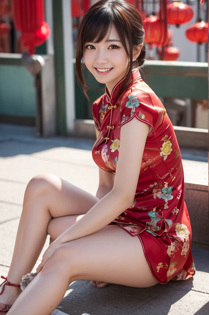 (8k, RAW photo, best quality, masterpiece:1.2), (realistic, photo-realistic:1.4), (extremely detailed 8k wallpaper), Japanese 20 age woman,she is wearing a cheongsam,The background is Chinatown,Her beautiful legs attract attention from all around her.She is embarrassed by the gaze of those around her,she is smiling,she is sitting and resting