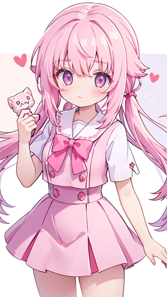 1girl,pink hair, pink eyes with love, detailed eyes, straight hair, straight bangs, shiny hair,
,red bowtie,purple skirt,purple shirt,pleated skirt,short sleeves,looking at viewer, high-definition,masterpiece,best quality, masterpiece, best quality, high resolution, aabeta, double, white simple background, standing, slim waist, cute, sailor uniform, super close up selfie, holding a white kitten   (PastelColors: 1.3)