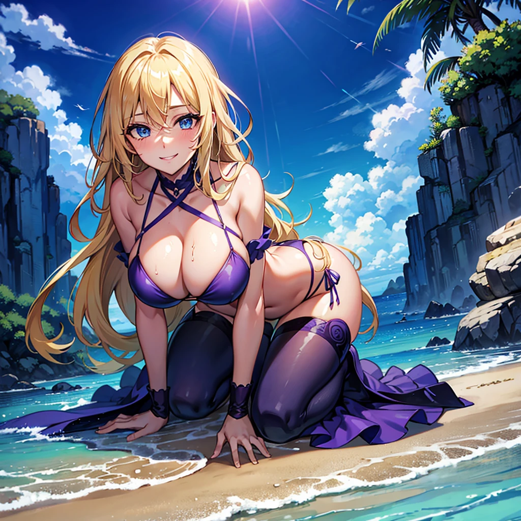 1 , breasts big, gazing at viewer, high resolution, blue colored eyes, laughter, hair blonde, very long hair, slickedback hair, Hair over the shoulder, hair wet, blushful, laughter, make-up, slightly-smile, mischievous face, ass pov, anime styling, dressed in sexy purple bikini, kneeling in the sand, BLUE SKY, Sunnyday