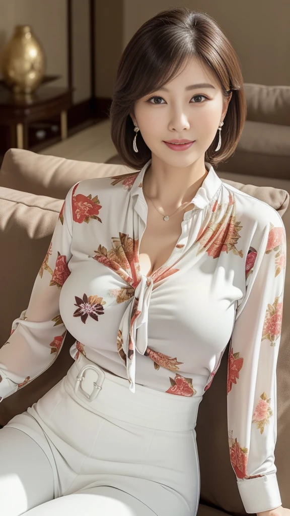 ((masterpiece))、((Highest quality))、picture、Reality、high resolution、Advanced Depth of Field、Ultra-detailed、Realistic lighting、、(White ultra luxurious modern living room:1.5)、(Sit on a luxury sofa:1.3)、(Hair is beautifully styled:1.3)、(Married women、50th Generation)、Beautiful woman、(Mature Woman:1.5)、Delicate facial features、Realistic Background、Large Breasts、Sexy lips、Sensual smile、Laugh shyly、(Huge breasts)、(Saggy breasts)、(Voluptuous figure:1.2)、(Wear a classy floral blouse:1.5)、(White tight skirt:1.4),、Gorgeous lighting、Beautiful legs、Beautiful Necklace、Beautiful earrings