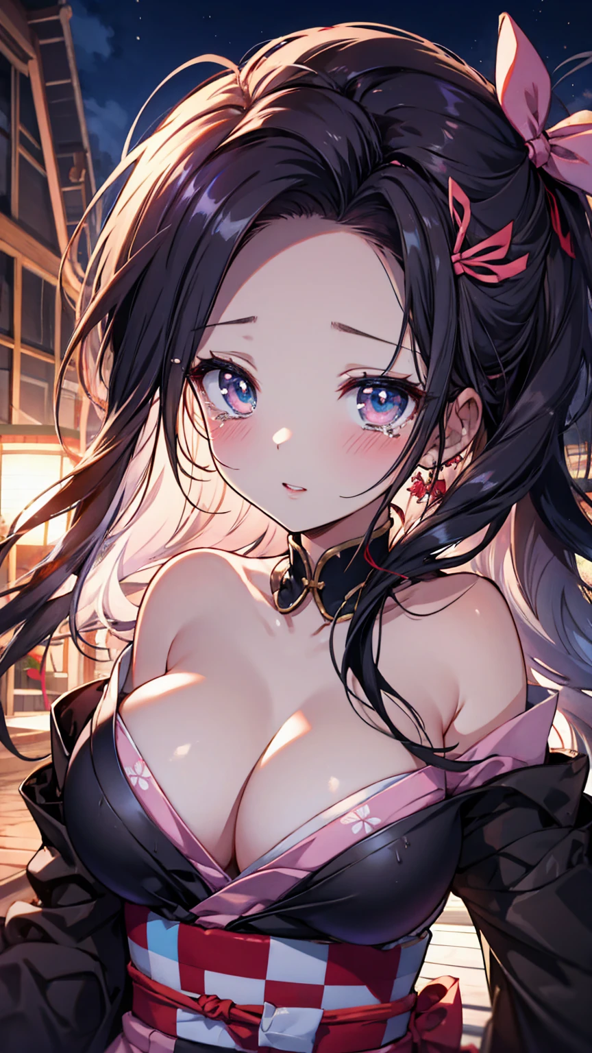 (Highest quality),(masterpiece), 8k,Very detailed, Detailed light, Best Shadow,Detailed reflective eyes, Beautiful Eyes, Very detailedな顔,Shiny Hair,sexy,Big Breasts,Charm,One person,Gloss,nezuko,Demon slayer,kimono,Black Hair,Wisteria flower,Fantasy,Charm, Blushing,Expressionless,tearsを流す,tears,looking at the camera,front,Bamboo,口元にBamboo,