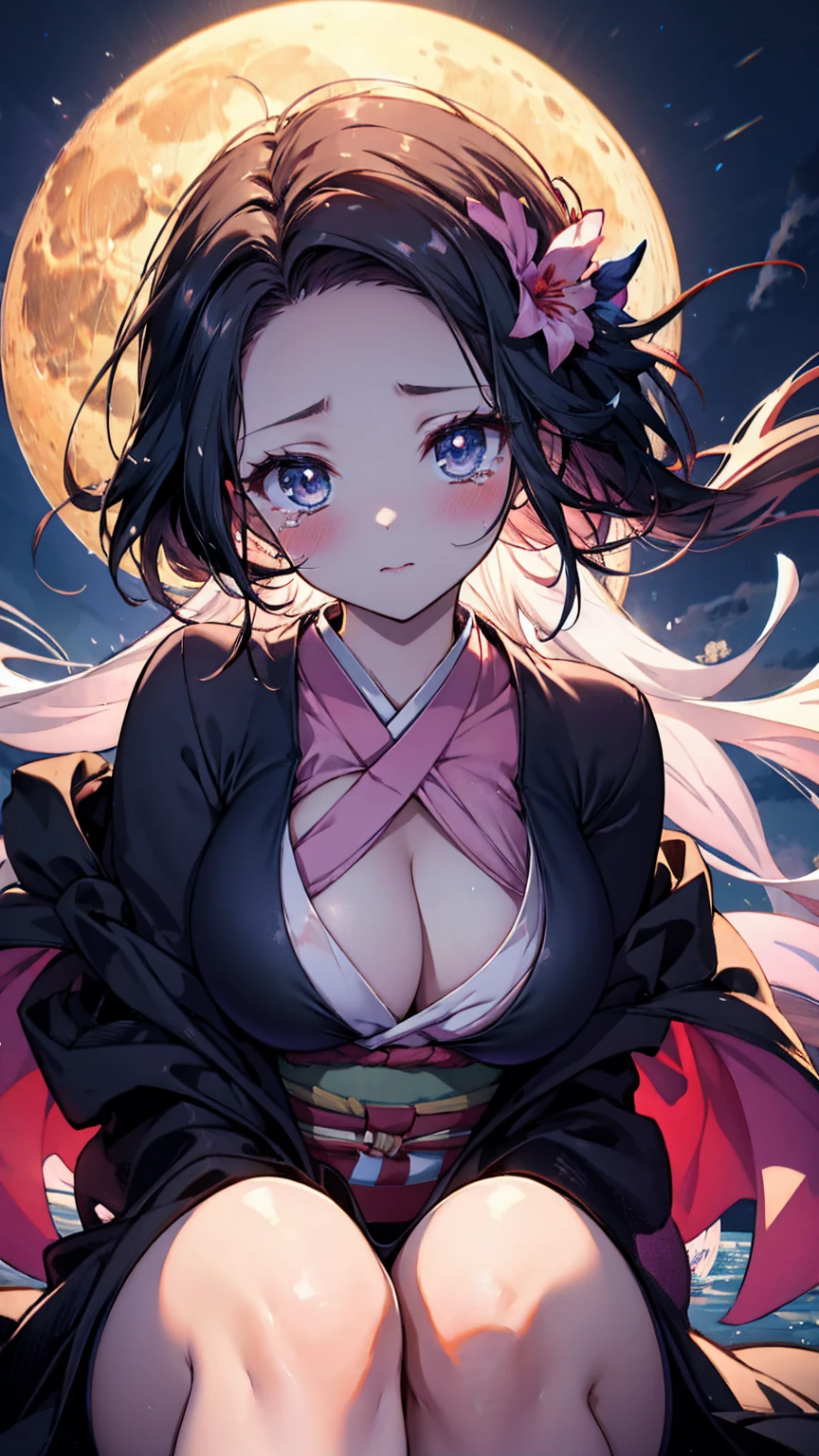 (Highest quality),(masterpiece), 8k,Very detailed, Detailed light, Best Shadow,Detailed reflective eyes, Beautiful Eyes, Very detailedな顔,Shiny Hair,sexy,Big Breasts,Charm,One person,Gloss,nezuko,Demon slayer,kimono,Black Hair,Wisteria flower,Fantasy,Charm, Blushing,Expressionless,tearsを流す,tears,looking at the camera,front,Bamboo,口元にBamboo,