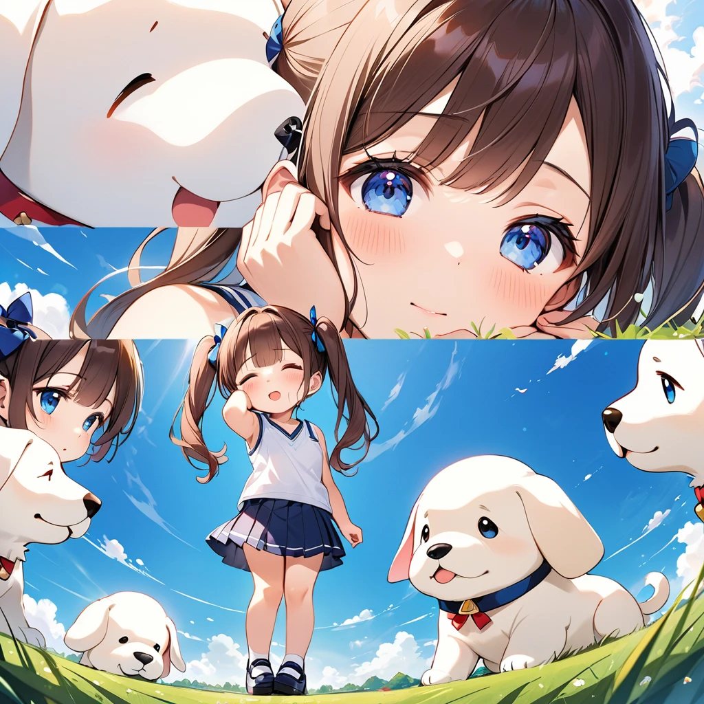 Highest quality、High resolution、Detailed Background、Beautiful face in every detail、Anatomically correct、Detailed facial expressions、fine grain、((full body, from below, side view, looking away:1.2)), ((One Girl))、Chibi Girl、Cute hair color、Big beautiful blue eyes、Braided twin tails、Elementary school, (Tank top、Ｖneck、mini skirt、Cute Shoes)、break　I'm a little scared、I have a lot of tears in my eyes、An expression that looks like it's about to cry、grassland、((Lying face down、Rest your chin on your hands and bend your knees))、((With a giant white puppy))、Close up hands、