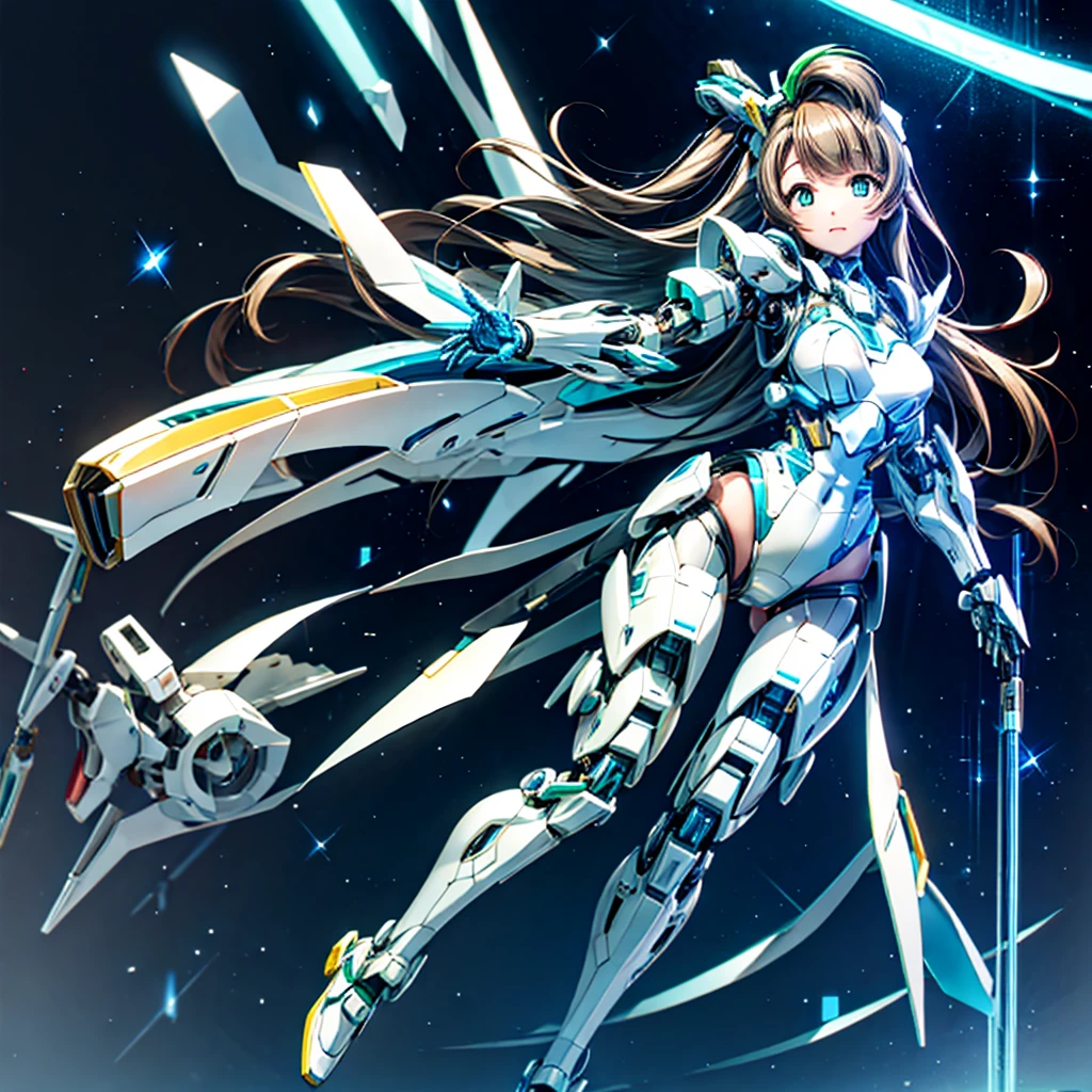 masterpiece, high quality, During the surgery to convert the machine、Minami Kotori, who has been turned into a mechanical body cyborg、Surgery to convert to a gynoid cyborg body with exposed mechanical parts、Blue and white leotard-type mechanical armor、The whole body from the neck down is precision-machined.、Single image、Full-body shot from the front