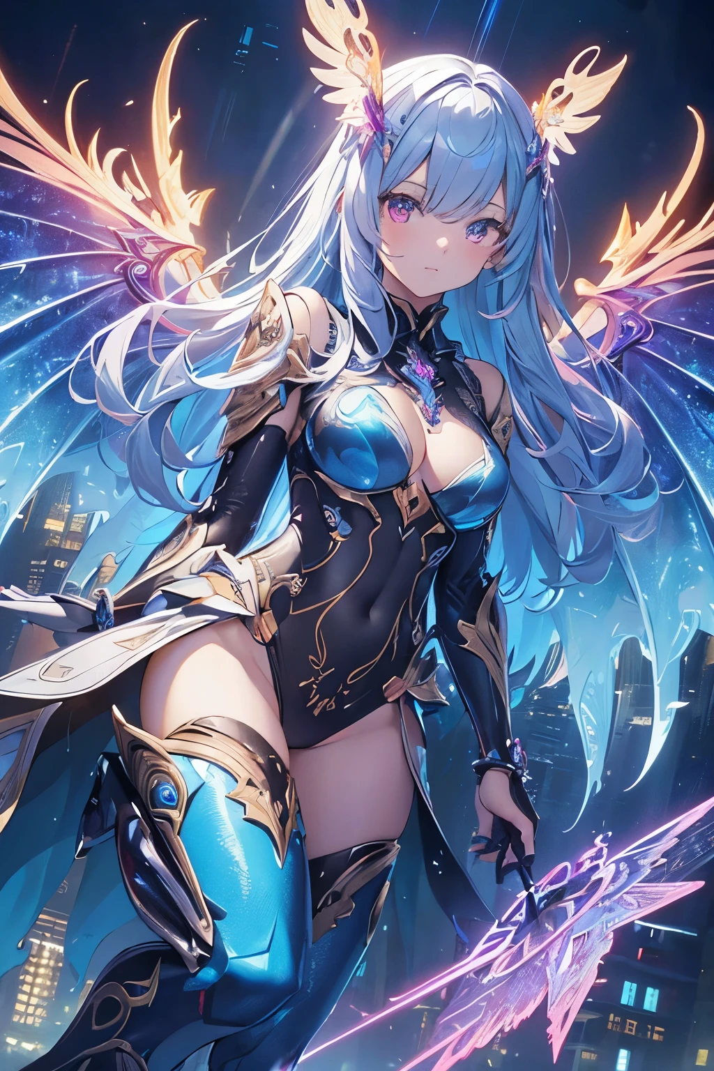 (best quality, masterpiece, colorful, dynamic angle, from below, highest detailed)upper body photo, full body photo, fashion photography of cute mechangel, glowing 4 wings, solo, glowing armor, glowing halo, building, glowing mechanical 4 wings (intricate details, hyperdetailed:1.15), detailed, light passing through hair, (official art, extreme detailed, highest detailed), HDR+