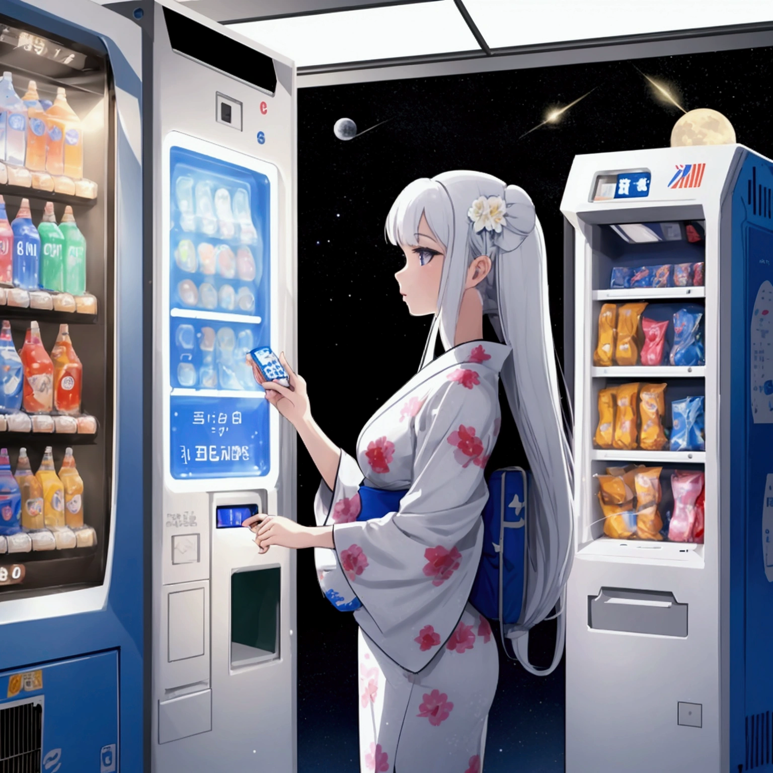 NASA Pictures、Create a photo of a beautiful woman putting a coin into a vending machine on the moon. The vending machine light box「cool drink」is written。. The vending machine is white. On the moon、universe space、Princess Kaguya in a kimono、