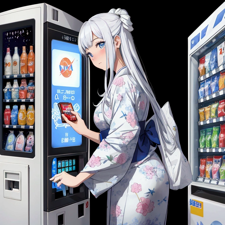 NASA Pictures、Create a photo of a beautiful woman putting a coin into a vending machine on the moon. The vending machine light box「cool drink」is written。. The vending machine is white. On the moon、universe space、Princess Kaguya in a kimono、