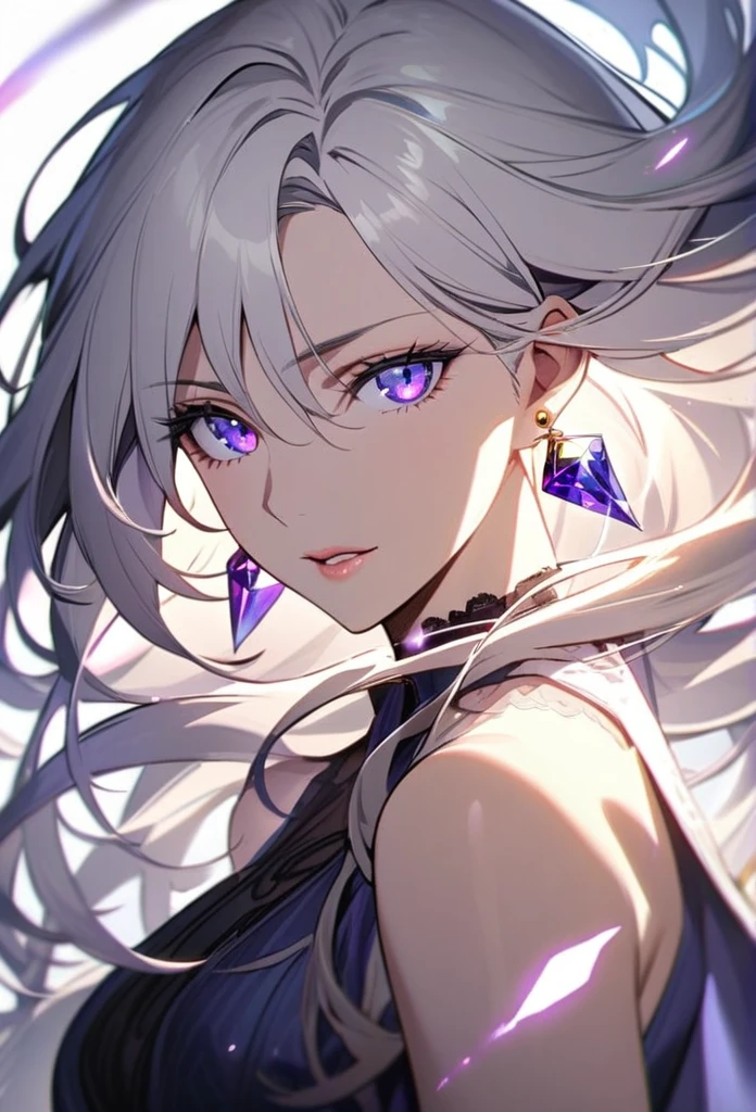 woman, blue eyes, long hair, white hair, mature, god eyes, diamond earings, glowing right eyes, purple eyes