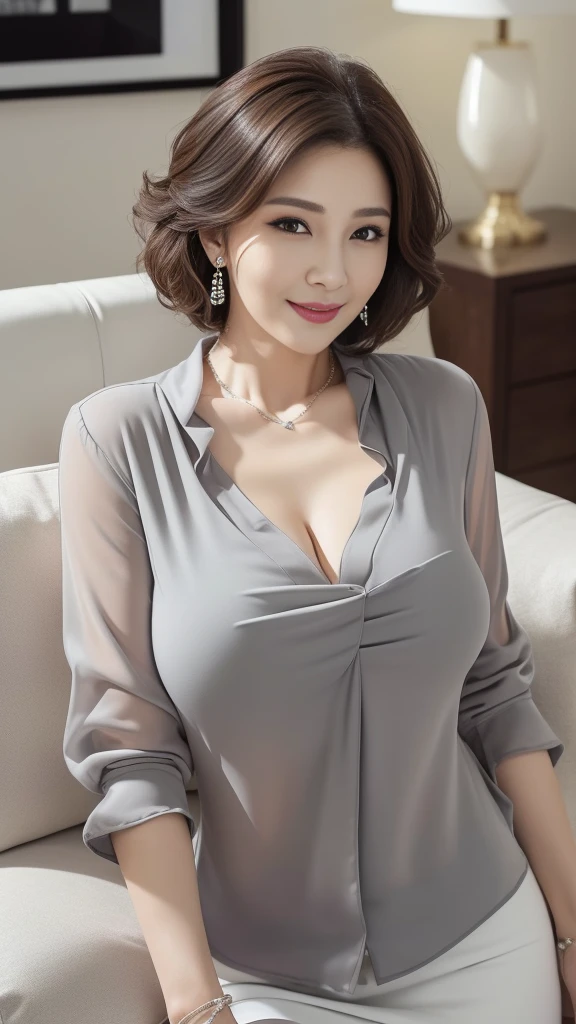 ((masterpiece))、((Highest quality))、picture、Reality、high resolution、Advanced Depth of Field、Ultra-detailed、Realistic lighting、、(White ultra luxurious modern living room:1.5)、(Sit on a luxury sofa:1.3)、(Beautiful curly short hair:1.3)、（Married women、50th Generation）、Beautiful woman、(Mature Woman:1.5)、Delicate facial features、Realistic Background、Large Breasts、Sexy lips、Sensual smile、Laugh shyly、(Huge breasts)、(Saggy breasts)、(Voluptuous figure:1.2)、(Wear a classy grey blouse:1.5)、（White tight skirt:1.4),、Gorgeous lighting、Beautiful legs、Beautiful Necklace、Beautiful earrings