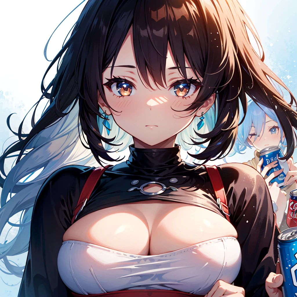 Masterpiece, highest quality, high resolution background, bright and beautiful atmosphere, 3 girls (2 years old, 1 short-tempered round face), 1 (hair, surface effects), big breasts, , upper body close-up, cleavage Holding a cold can of Jules, tight-fitting clothes, touching the can, winking, cheeks turning red, "deltamon_sdXL :0.73) >Deltamon"