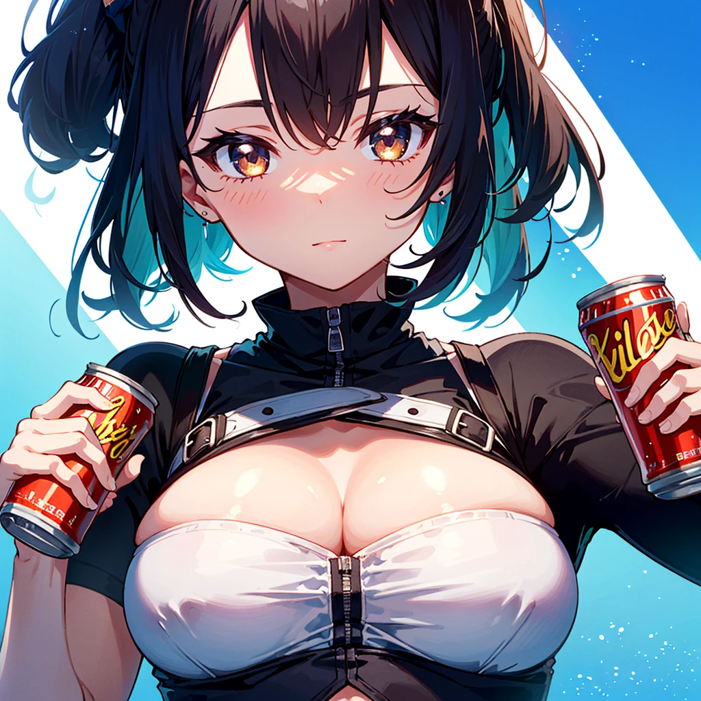 Masterpiece, highest quality, high resolution background, bright and beautiful atmosphere, 3 girls (, 1 short-tempered round face), 1 (hair, surface effects), big breastsody close-up, cleavage Holding a col Jules, tight-fitting clothes, touching the can, winking, cheeks turning red, "deltamon_sdXL :0.73) >Deltamon"