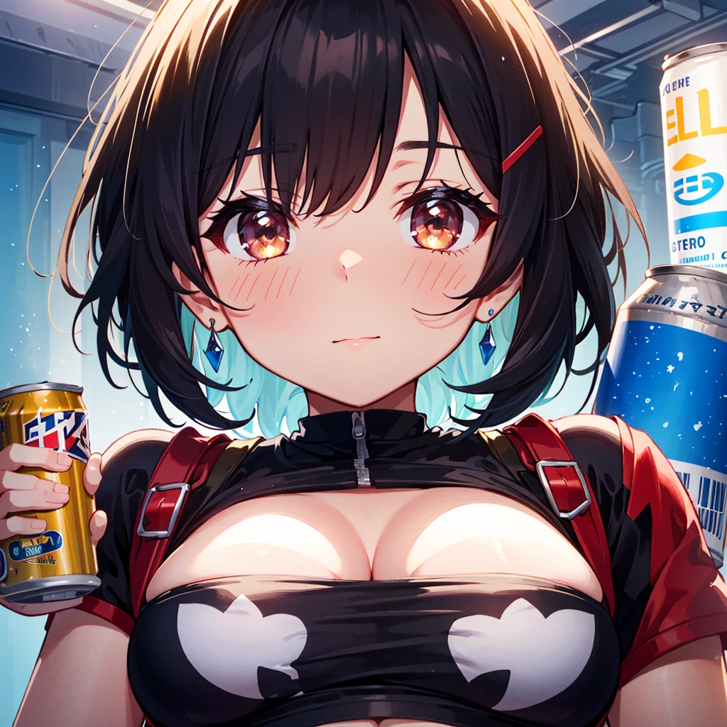 Masterpiece, highest quality, high resolution background, bright and beautiful atmosphere, 3 girls (2 years old, 1 short-tempered round face), 1  (hair, surface effects), big breasts, , upper body close-up, cleavage Holding a cold can of Jules, tight-fitting clothes, touching the can, winking, cheeks turning red, "deltamon_sdXL :0.73) >Deltamon"