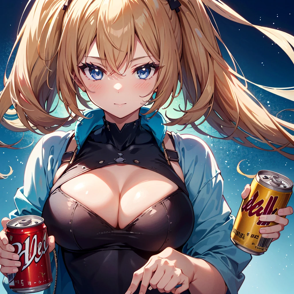 Masterpiece, highest quality, high resolution background, bright and beautiful atmosphere, 3 girls (2 , 1 short-tempered round face), 1  (hair, surface effects), big breasts, , upper body close-up, cleavage Holding a cold can of Jules, tight-fitting clothes, touching the can, winking, cheeks turning red, "deltamon_sdXL :0.73) >Deltamon"