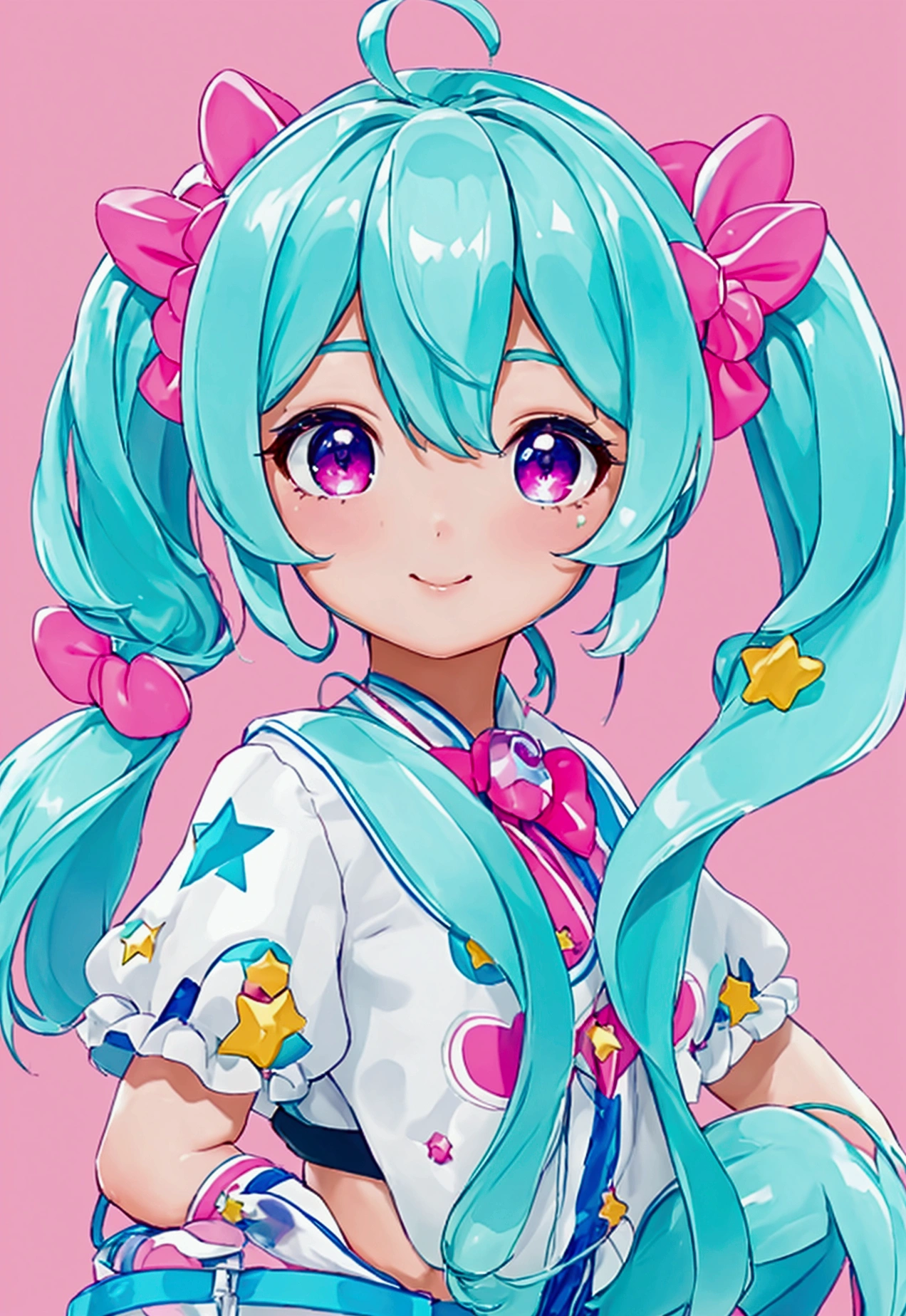 (high quality:1.6, best quality:1.6, detailed, 4K, photorealistic), (A cute character girl,Twin tails,star,cyan and magenta)