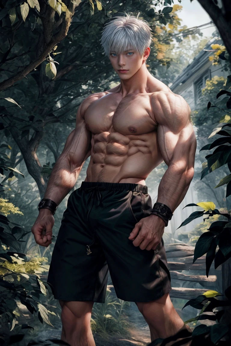 1boy, adult, handsome, perfect face, detailed eyes and face, clean shaved, muscular, capturing a rural atmosphere, dynamic lighting, unreal engine 5, hd picture, satoru gojo, white hair, short hair ,hair between eyes ,blue eyes