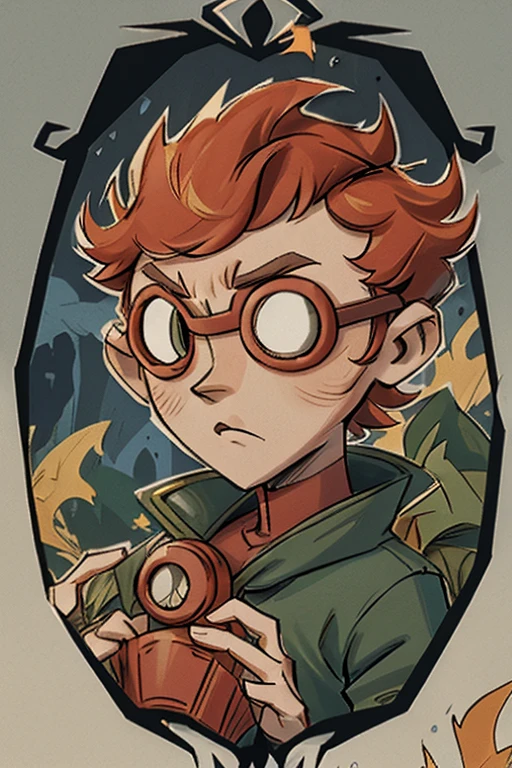 (Best quality at best,tmasterpiece),1boys,short detailed hair,flame,leafs,tarot cards,Wear goggles,Blank eyeballs,The protagonist,Red,The demons,Bust