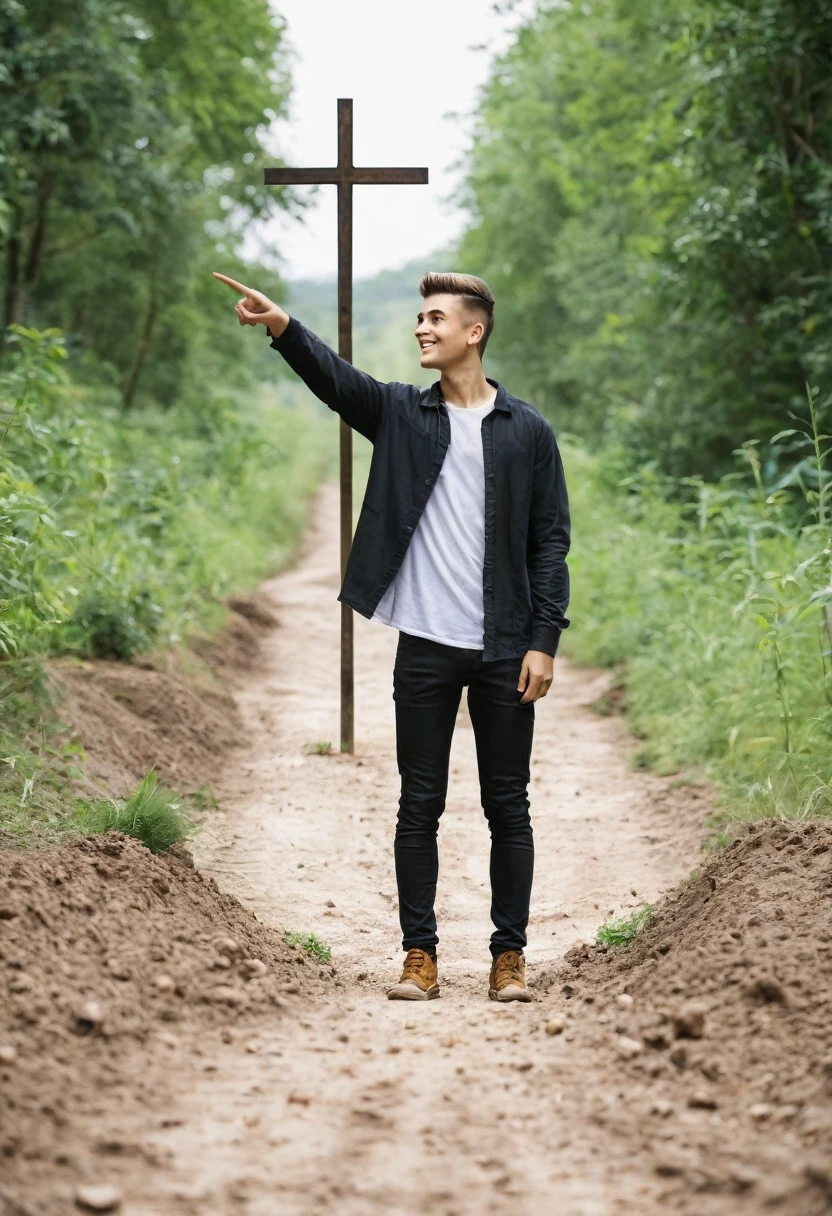 Create a young man in simple clothes, pointing to the very large cross at the end of a dirt path