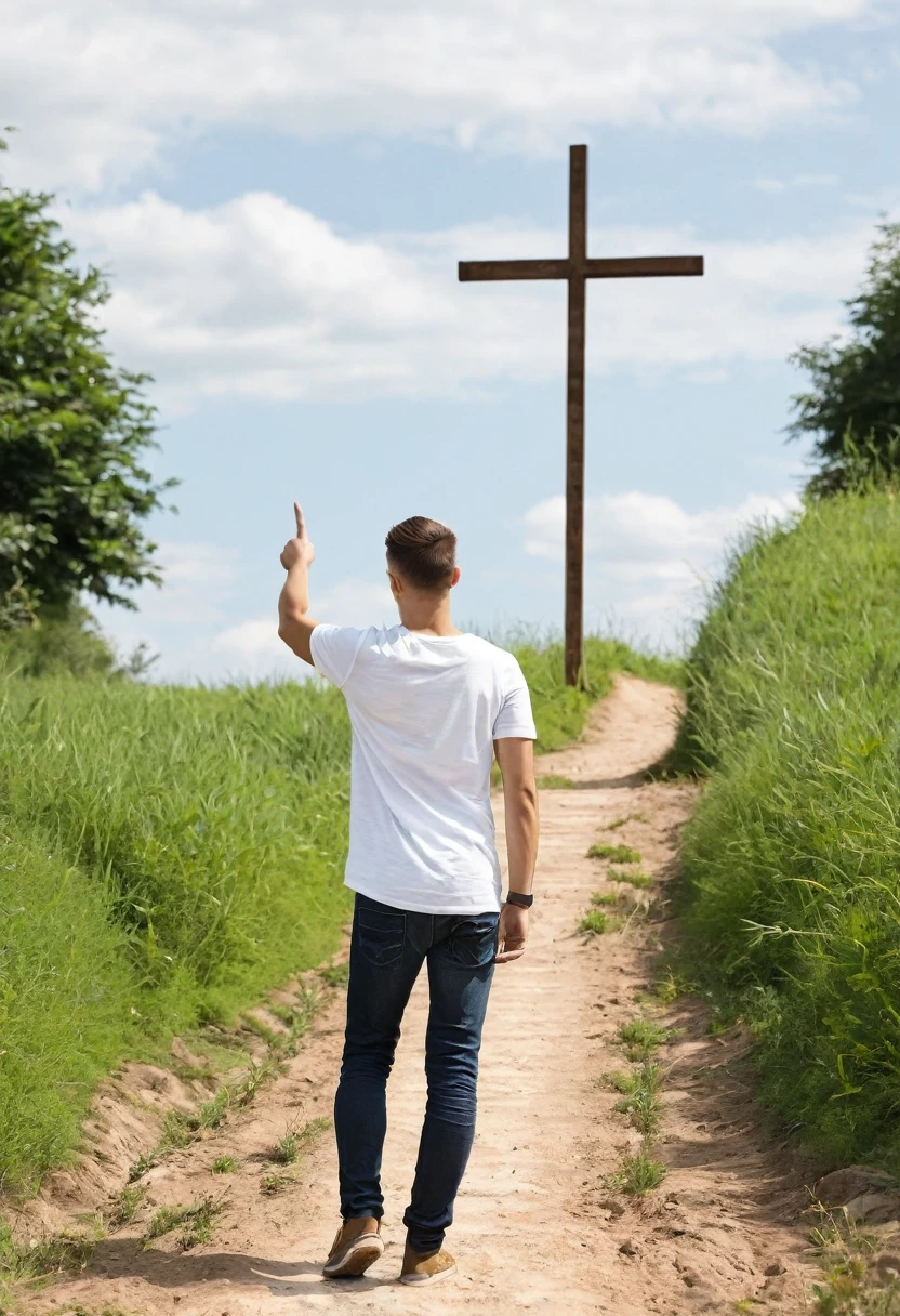 Create a young man in simple clothes, pointing to the very large cross at the end of a dirt path