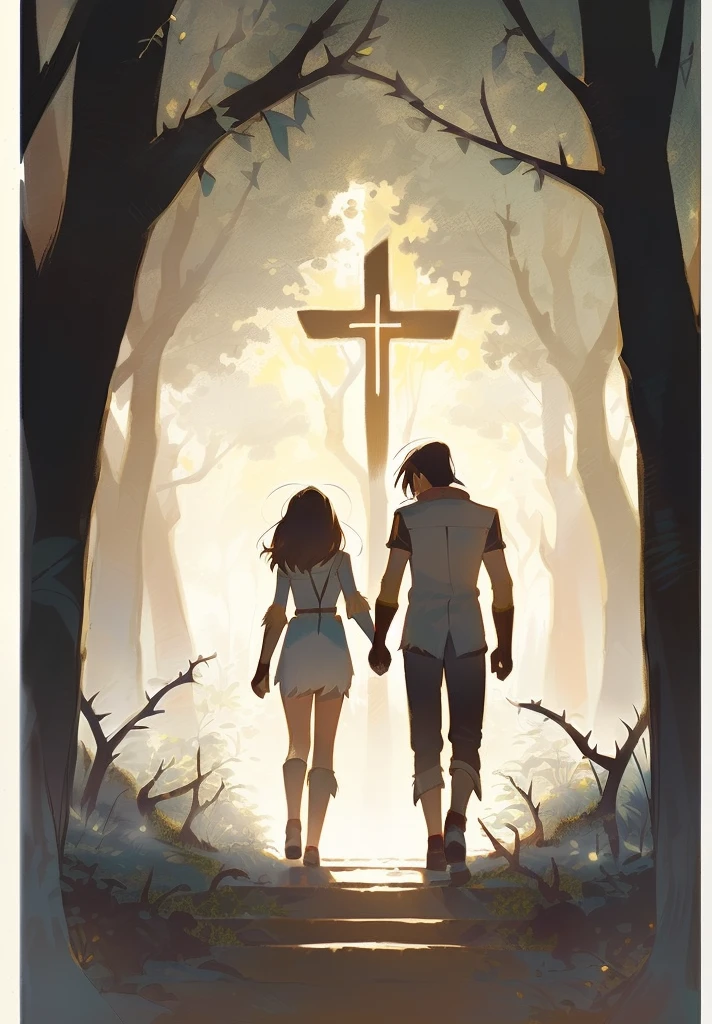 A man and a woman walking through the forest holding hands, Adam and Eve, primitive tribesmen wear animal skins, The Fall of Man, surrounded by thorns,artistic concept for a book cover