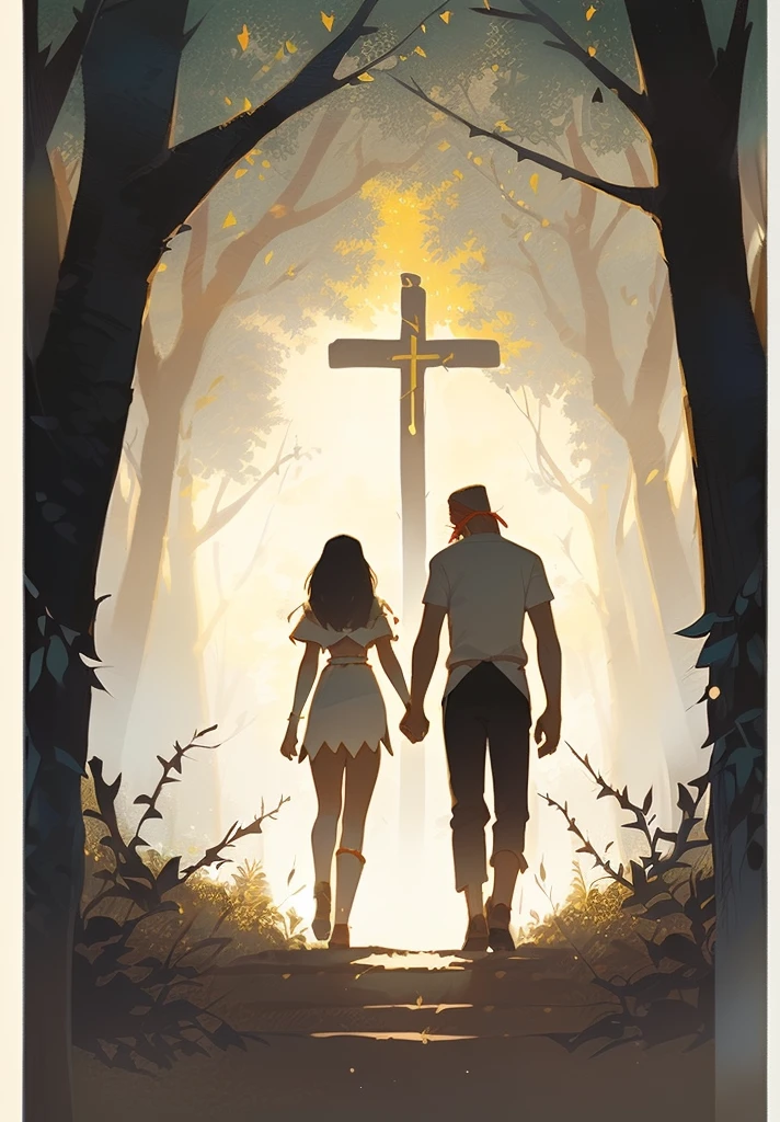 A man and a woman walking through the forest holding hands, Adam and Eve, primitive tribesmen wear animal skins, The Fall of Man, surrounded by thorns,artistic concept for a book cover