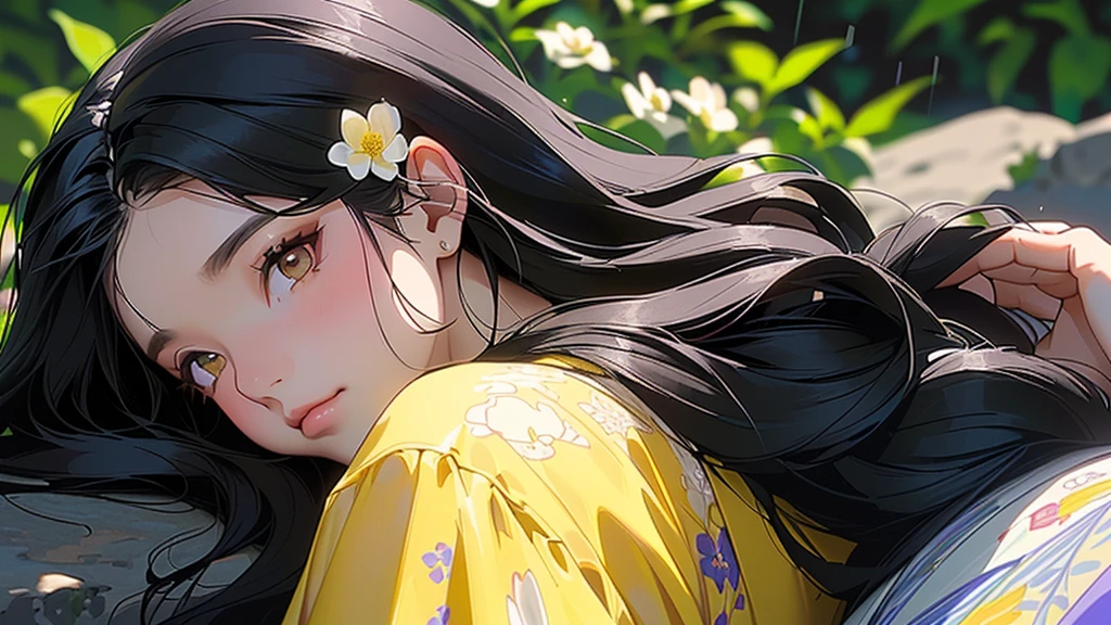 1 girl, Upper body close-up portrait, Black Hair, Flowing Hair, Hazy beauty, Very beautiful face, Yellow embroidered dress, Hairpin on the head, Lying on a bush, Purple Flower, (spring, Wet day, Terrace, Mountain々), Simple vector art, modern chinese art, Soft Light, Layered format, overlook