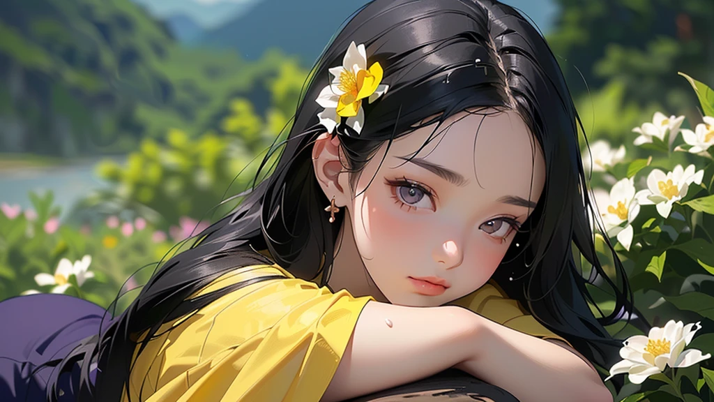 1 girl, Upper body close-up portrait, Black Hair, Flowing Hair, Hazy beauty, Very beautiful face, Yellow embroidered dress, Hairpin on the head, Lying on a bush, Purple Flower, (spring, Wet day, Terrace, Mountain々), Simple vector art, modern chinese art, Soft Light, Layered format, overlook