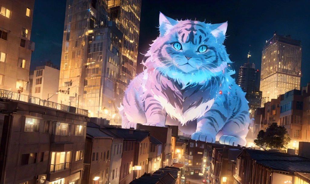 score_9,(best quality,4k,8k,highres,masterpiece:1.2),a ultra-gigantic cat sits on a building, crowd, city, from below, cinematic angle, anime, ultra-detailed,vivid colors,dramatic lighting,