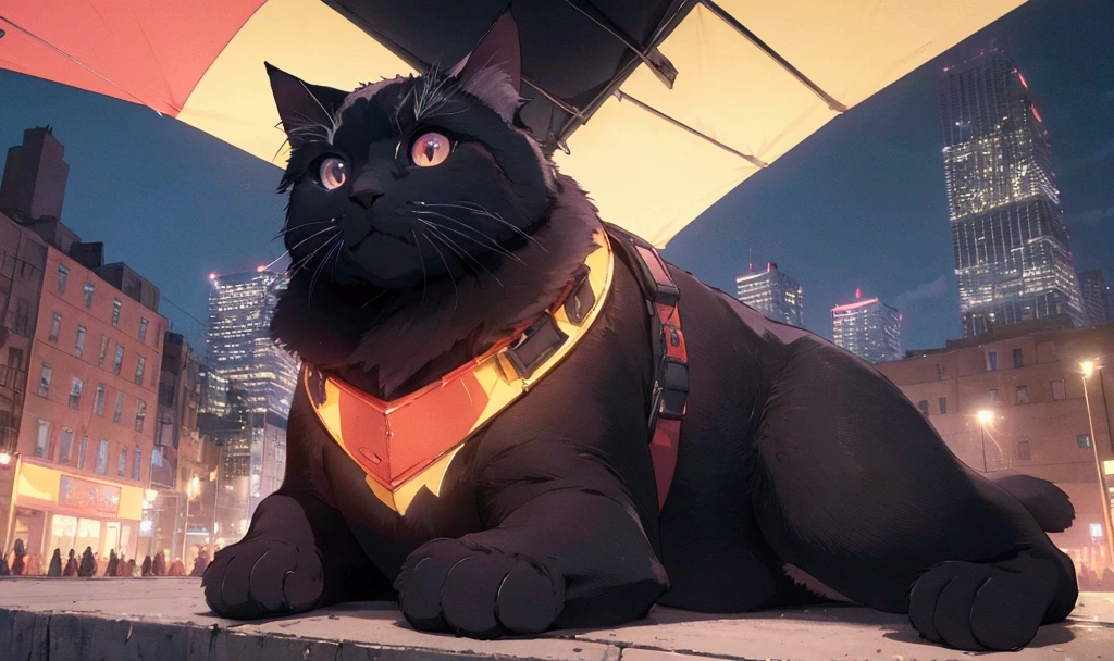score_9,(best quality,4k,8k,highres,masterpiece:1.2),a ultra-gigantic cat sits on a building, crowd, city, from below, cinematic angle, anime, ultra-detailed,vivid colors,dramatic lighting,