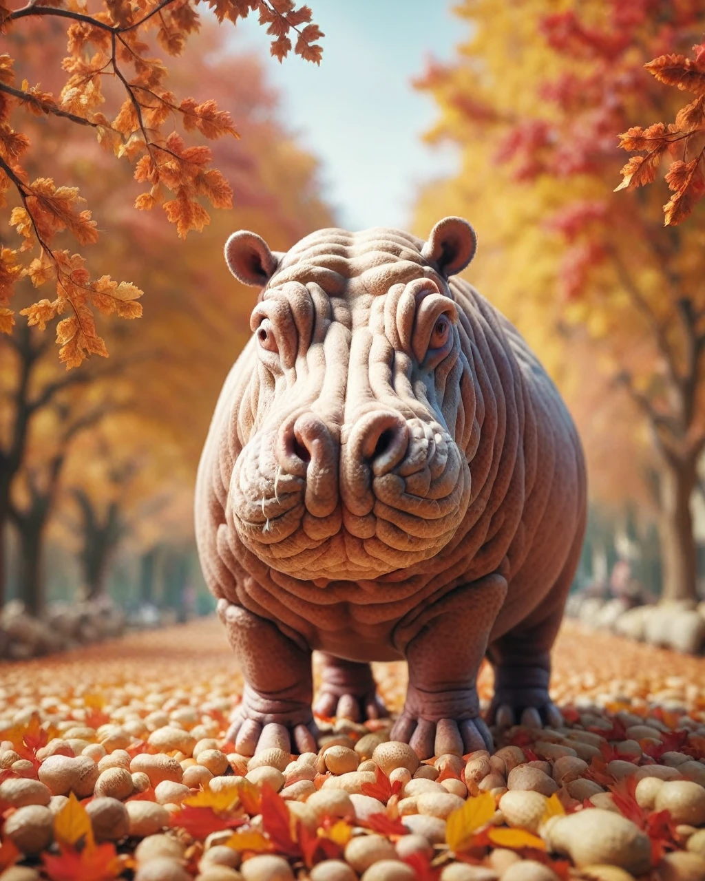 higher class Lyrical (Hippopotamus:1.1) , Kodak Ektar background, autumn foliage, soft focus, Maximalist,  Film grain, trending on artstation, pnts