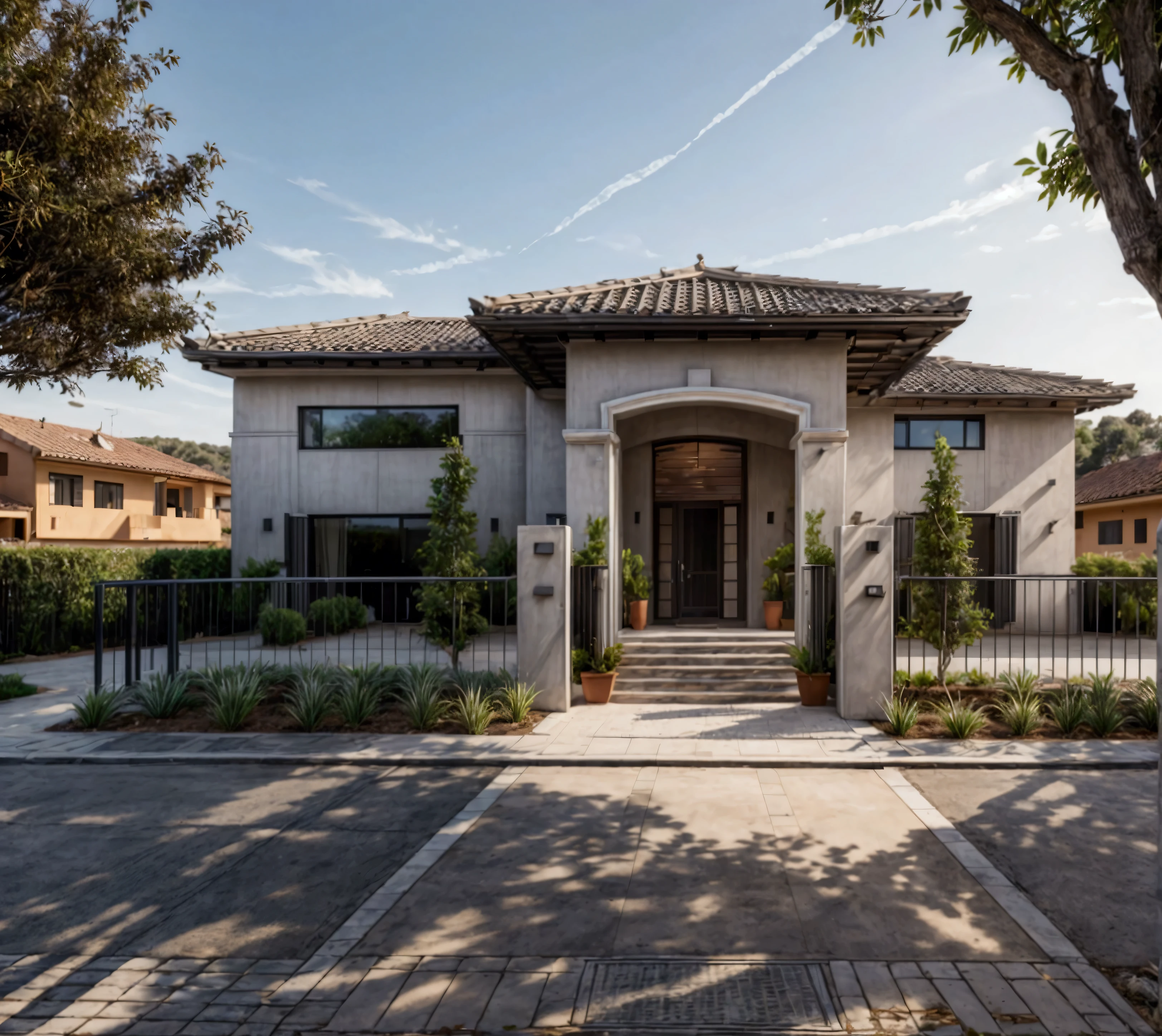 CRU photo,work of art, high qualiy, best qualityer, authentic, super detaill, plein-air, (((front-facing))), villa seen from the front, vista front-facing, single storey villaXL, aiai group, modern house style on the street, front house, visão front-facing, entrada com gramdo, elegant and minimalist facade, pavement, gram, Trees, sky, nube, (Day Light:1.1)