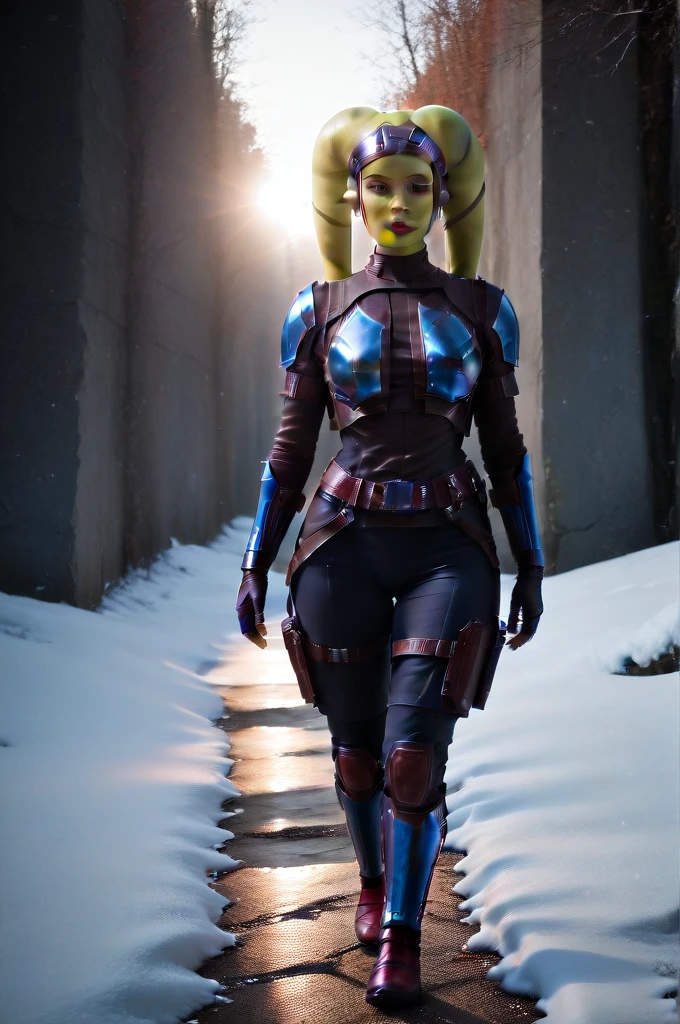 a ((fall body)) ((female twi'lek ))mandalorian,walking on snow fire, beautiful detailed eyes, beautiful detailed lips, extremely detailed face, long eyelashes, mandalorian armor, sci-fi, cinematic lighting, dramatic, epic, intricate details, hyper-realistic, 8k, high-quality, photorealistic