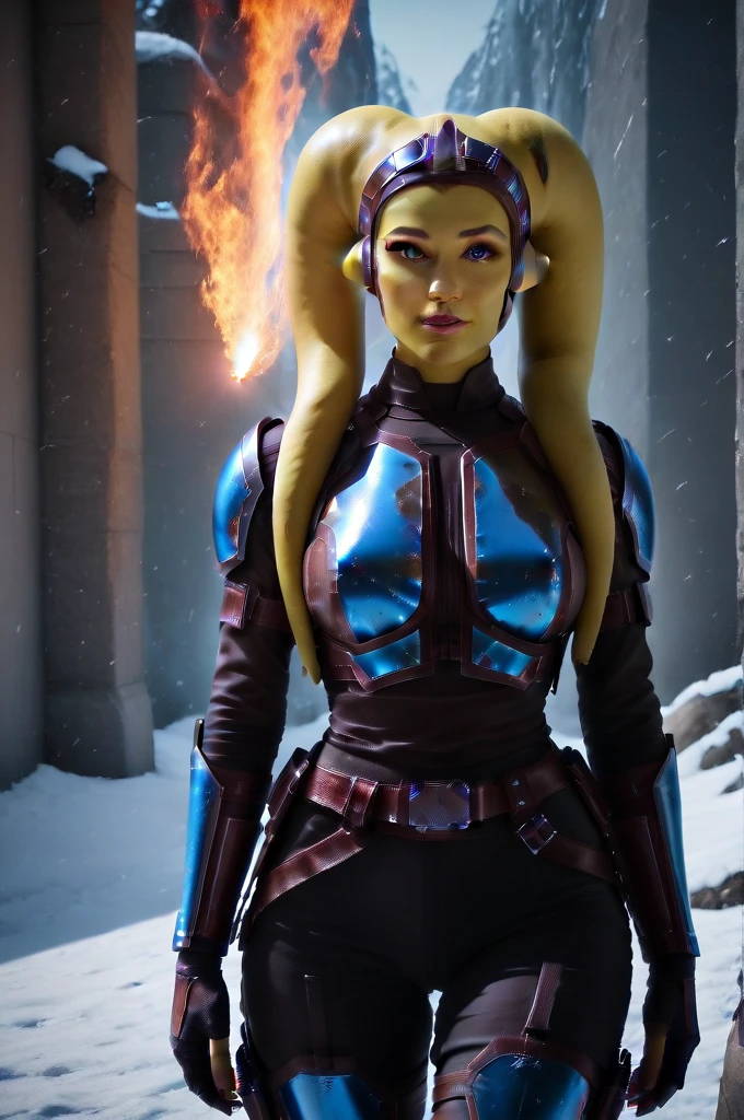 a ((fall body)) ((female twi'lek ))mandalorian,walking on snow fire, beautiful detailed eyes, beautiful detailed lips, extremely detailed face, long eyelashes, mandalorian armor, sci-fi, cinematic lighting, dramatic, epic, intricate details, hyper-realistic, 8k, high-quality, photorealistic
