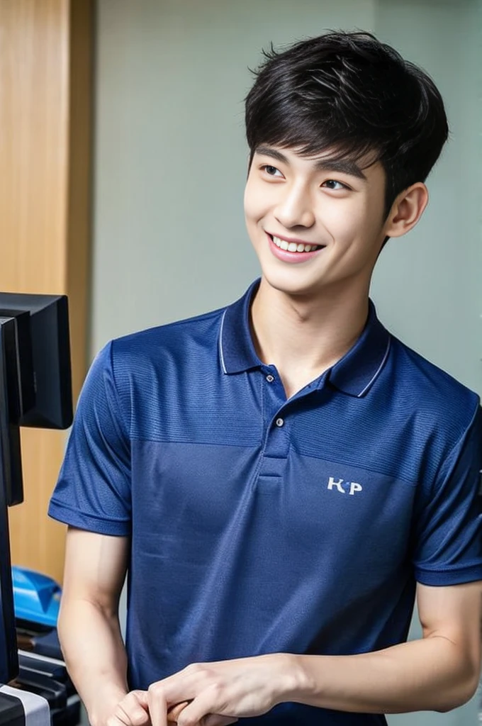 Korean man, Inspiration from Peng Yuyan, 23 years old, Korean muscular man ，The computer room is in the back. Sports t-shirts, polo, tight, navy blue., open mouth smile